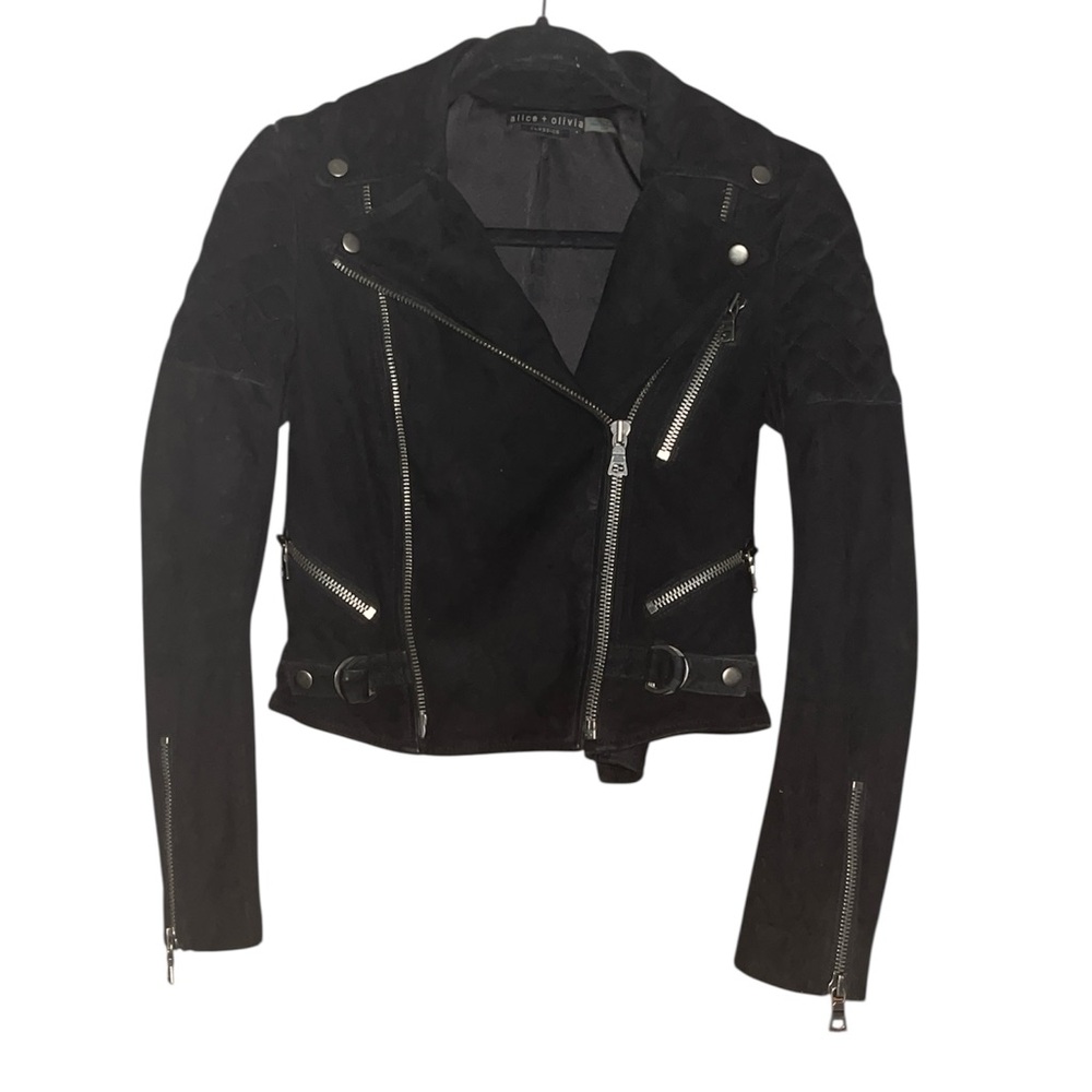 Alice + Olivia Miles Genuine Goat Suede Leather Quilted Zip Moto Jacket Black